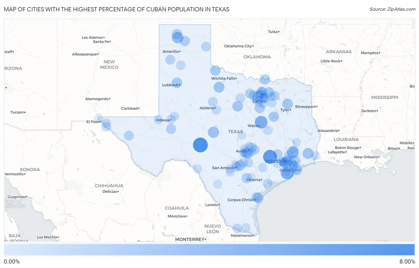 Cities with the Highest Percentage of Cuban Population in Texas Map