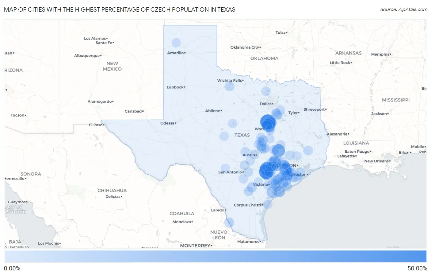 Cities with the Highest Percentage of Czech Population in Texas Map