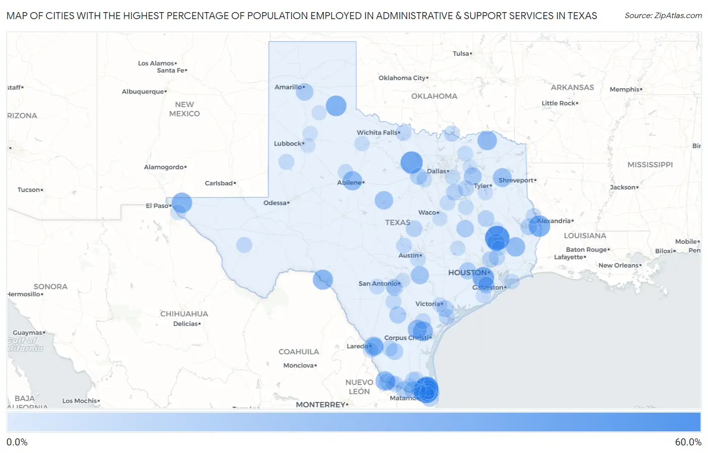 Cities with the Highest Percentage of Population Employed in Administrative & Support Services in Texas Map