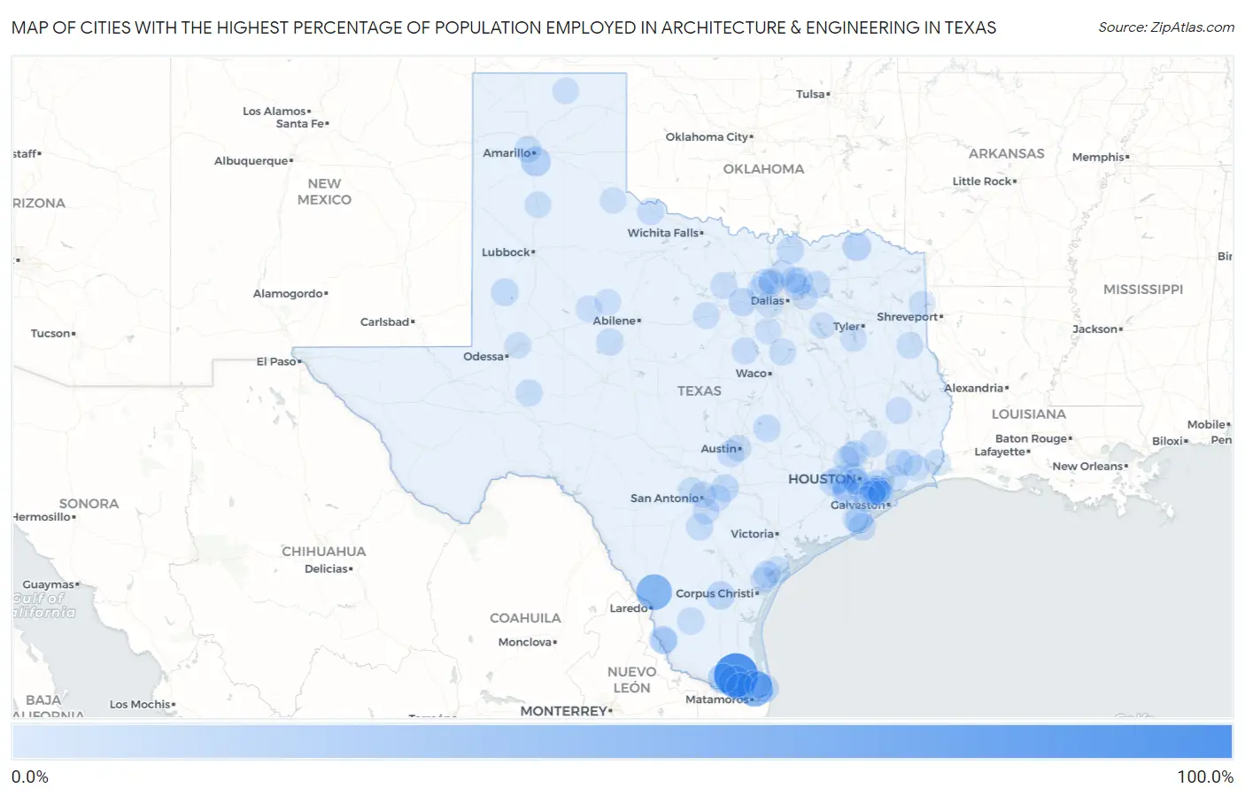Cities with the Highest Percentage of Population Employed in Architecture & Engineering in Texas Map