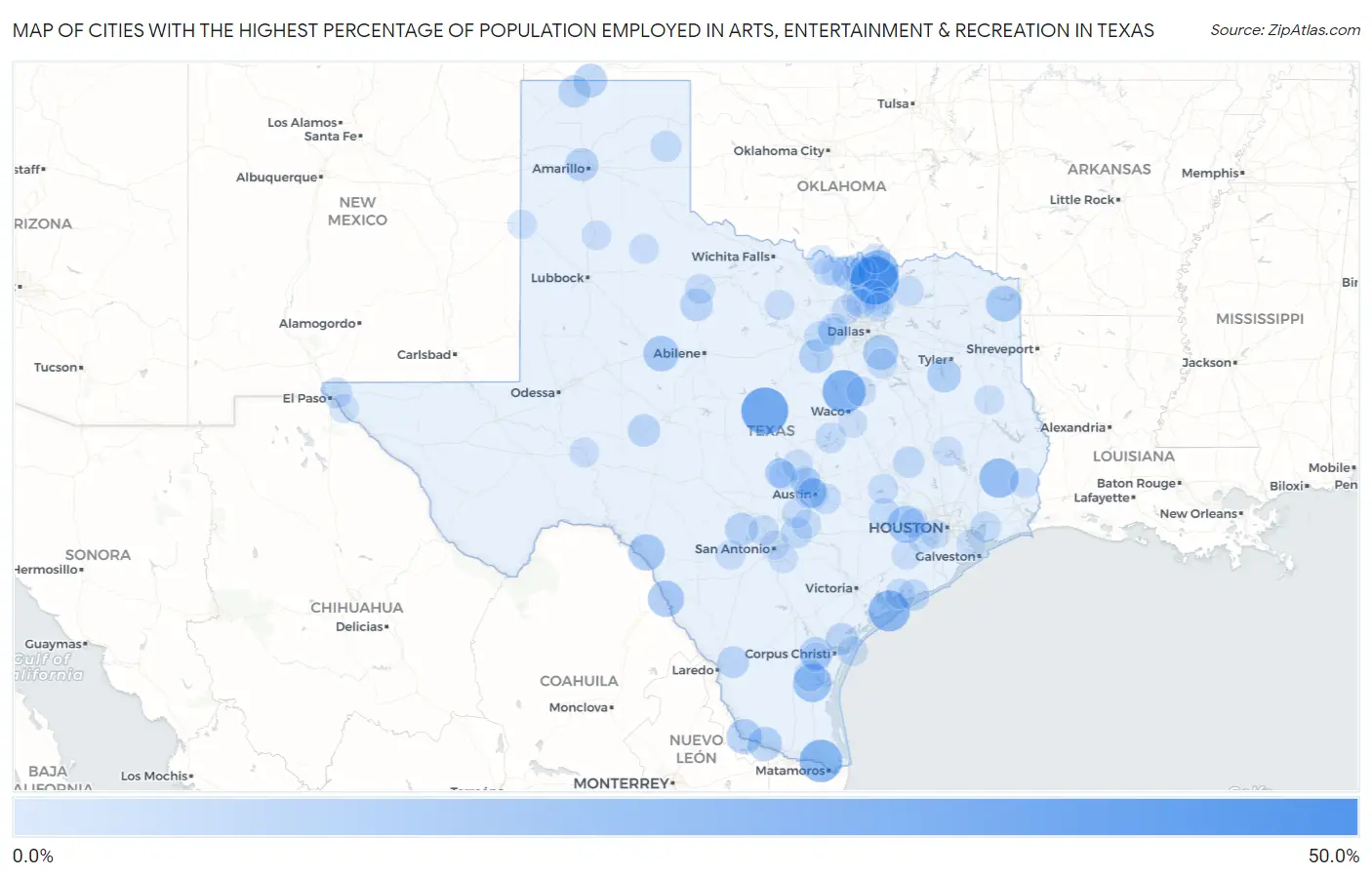 Cities with the Highest Percentage of Population Employed in Arts, Entertainment & Recreation in Texas Map
