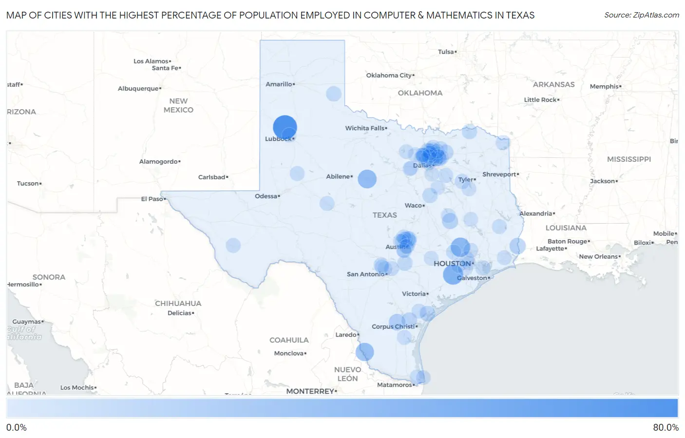 Cities with the Highest Percentage of Population Employed in Computer & Mathematics in Texas Map