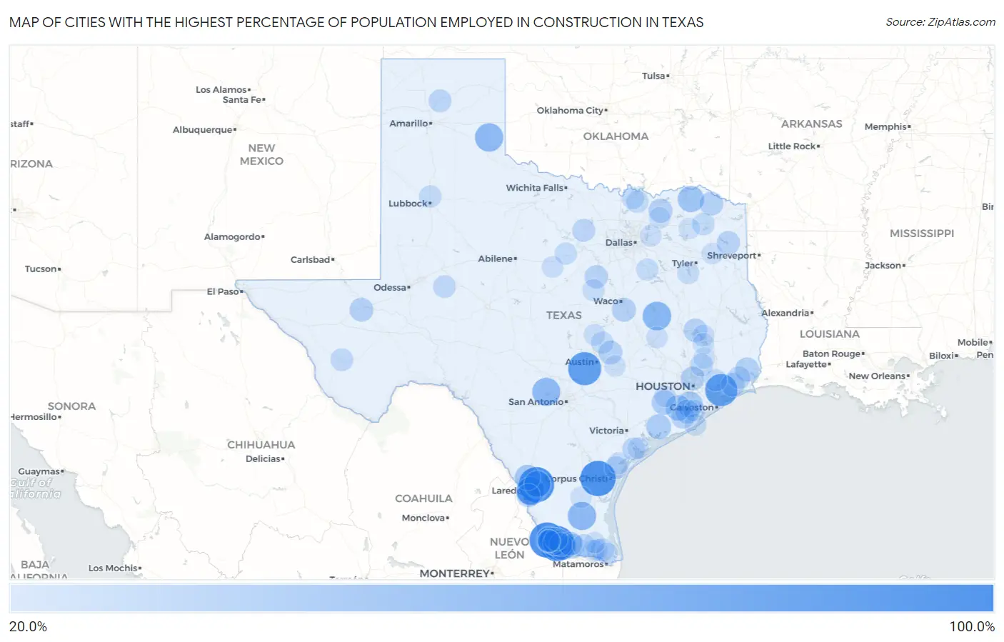 Cities with the Highest Percentage of Population Employed in Construction in Texas Map