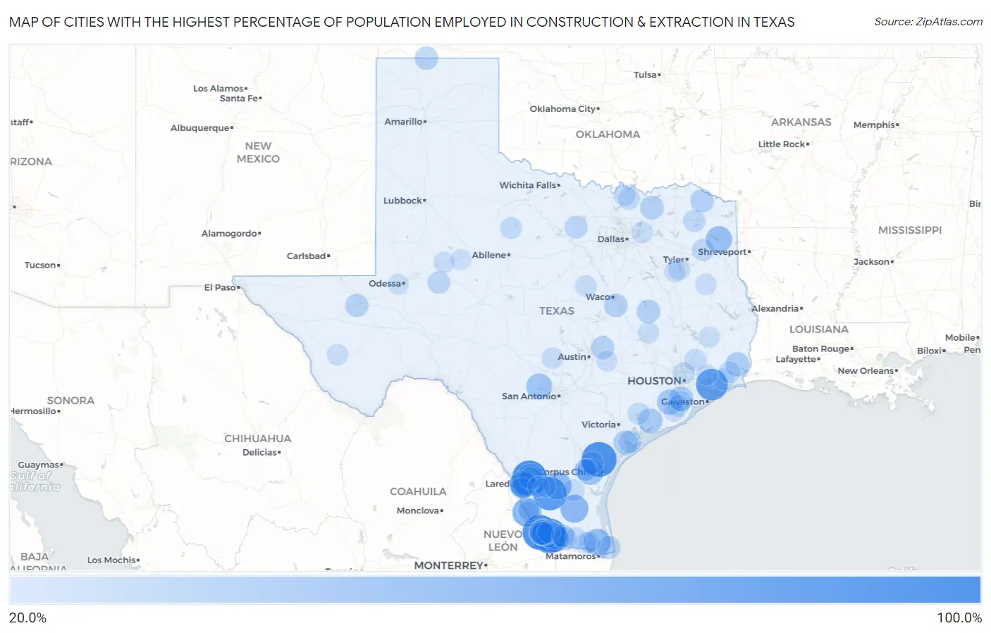 Cities with the Highest Percentage of Population Employed in Construction & Extraction in Texas Map
