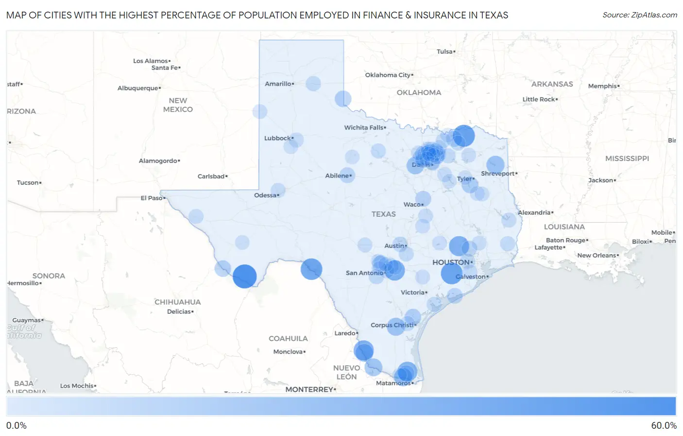 Cities with the Highest Percentage of Population Employed in Finance & Insurance in Texas Map