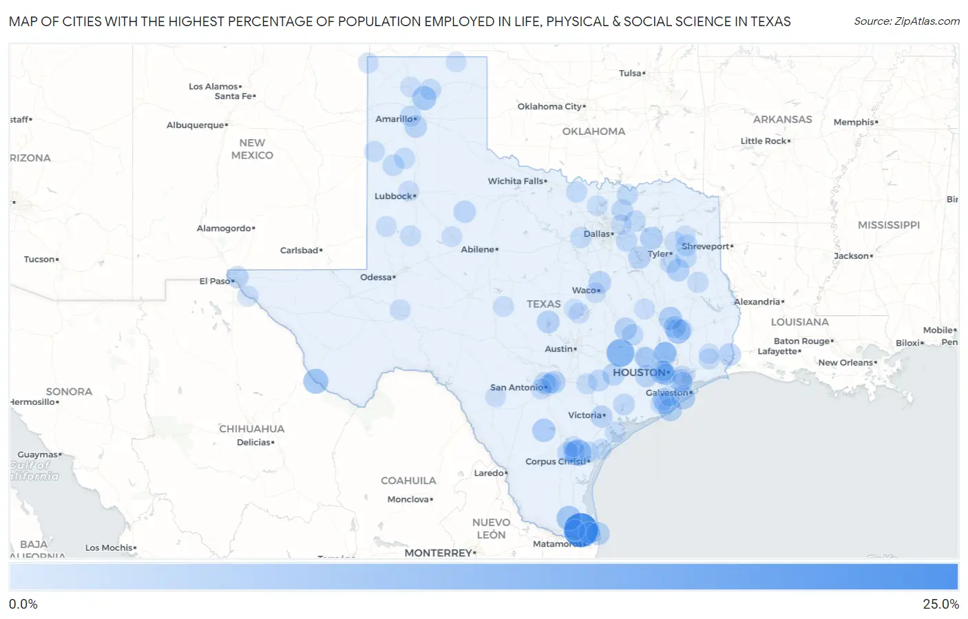 Cities with the Highest Percentage of Population Employed in Life, Physical & Social Science in Texas Map