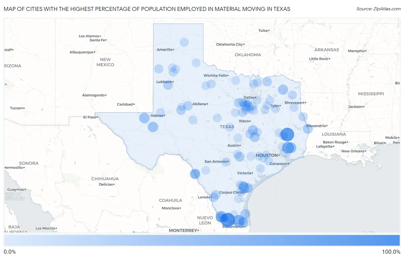 Cities with the Highest Percentage of Population Employed in Material Moving in Texas Map