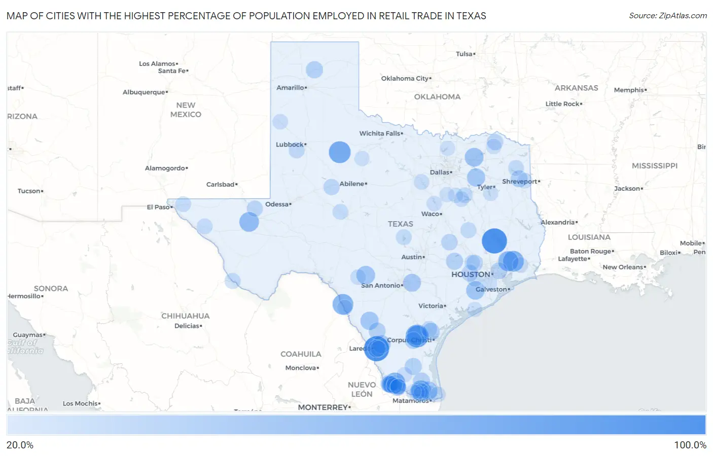 Cities with the Highest Percentage of Population Employed in Retail Trade in Texas Map