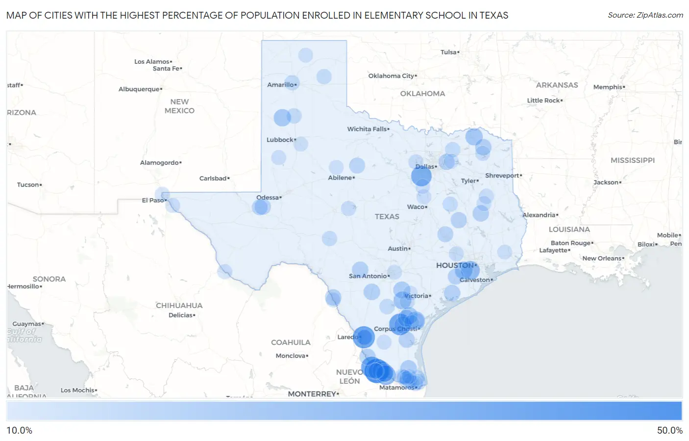 Cities with the Highest Percentage of Population Enrolled in Elementary School in Texas Map