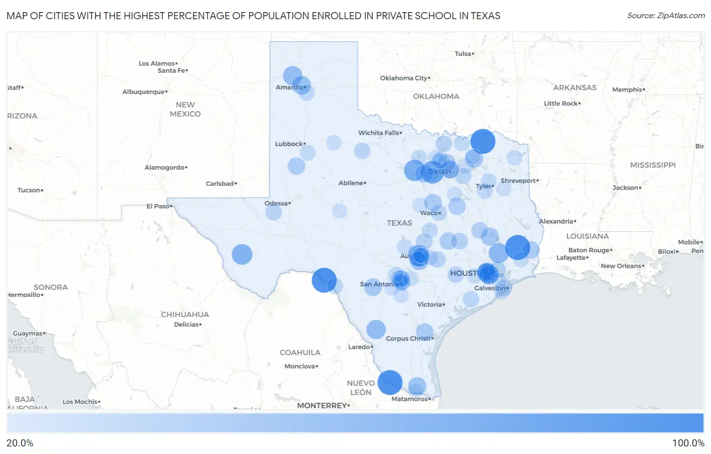 Cities with the Highest Percentage of Population Enrolled in Private School in Texas Map