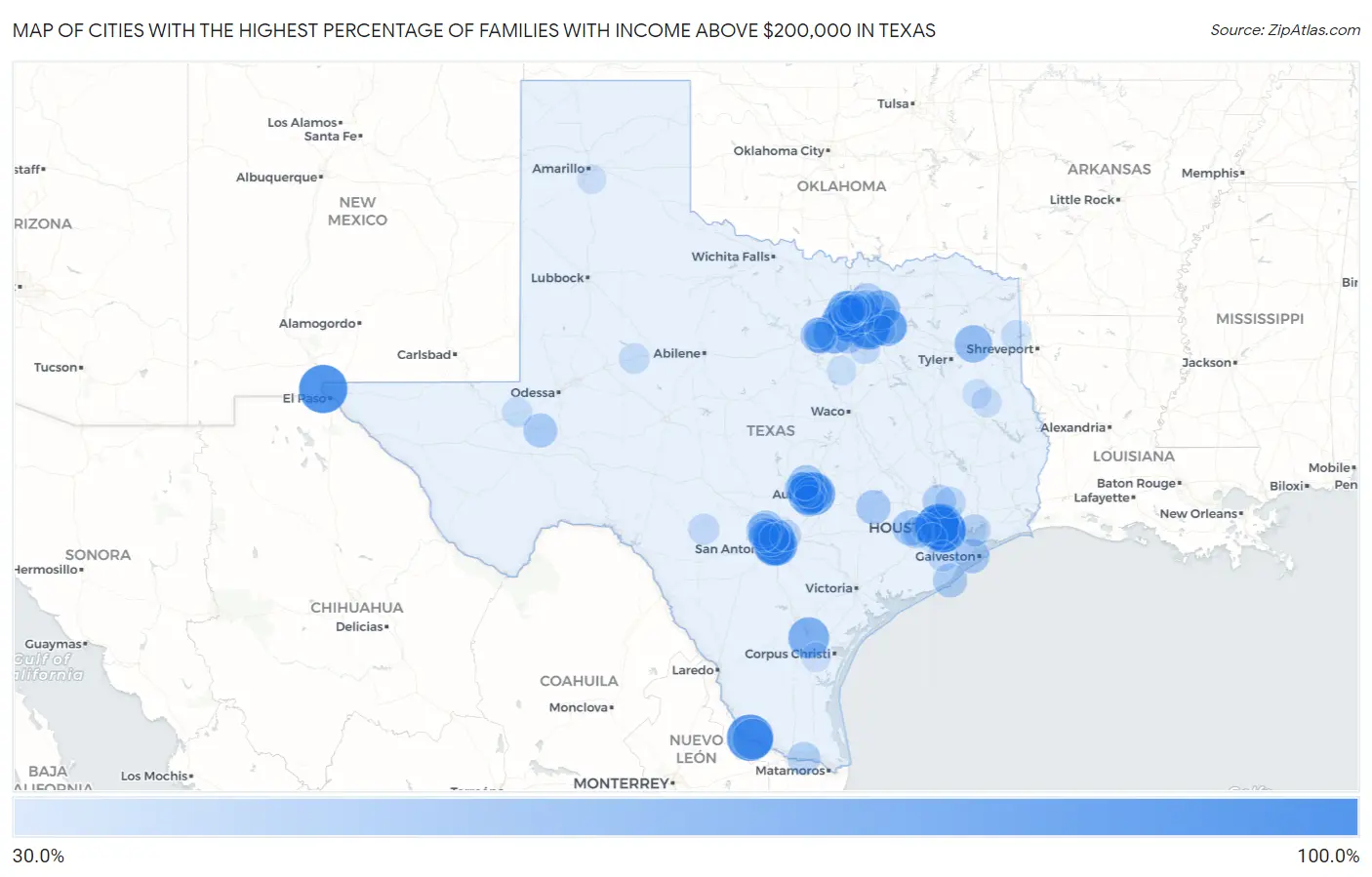 Cities with the Highest Percentage of Families with Income Above $200,000 in Texas Map