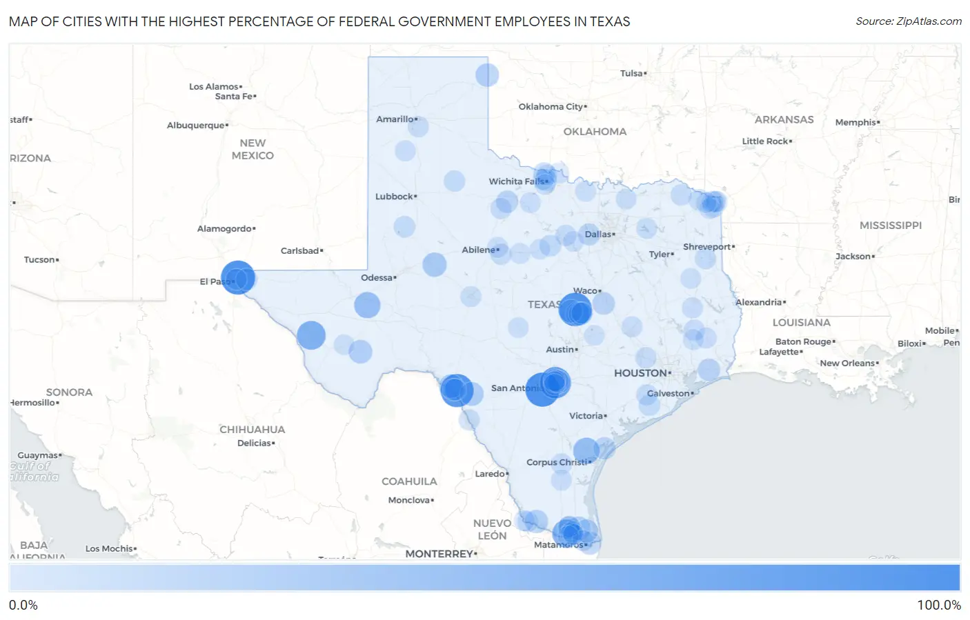 Cities with the Highest Percentage of Federal Government Employees in Texas Map