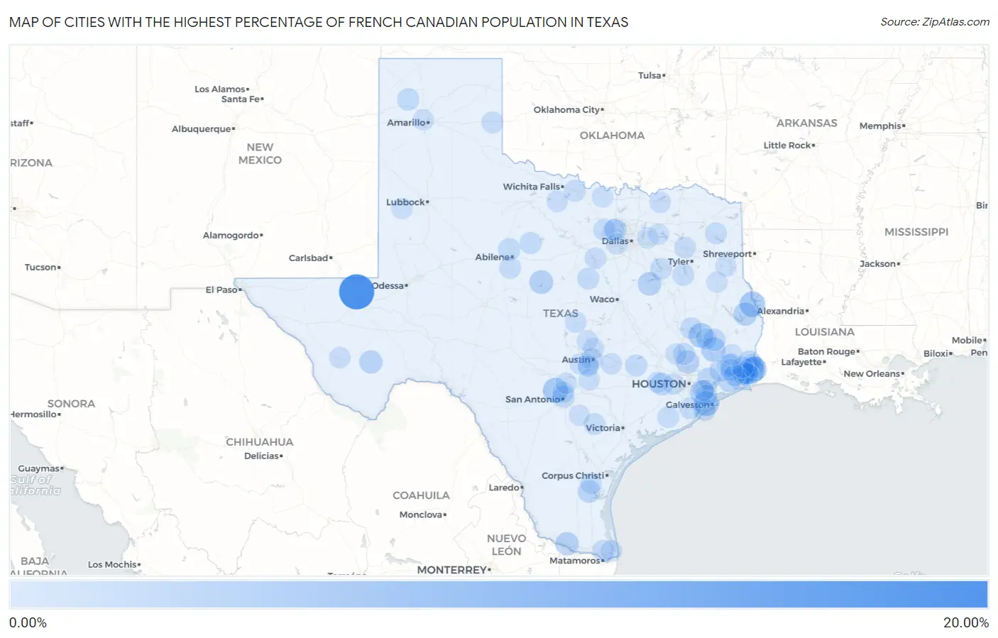 Cities with the Highest Percentage of French Canadian Population in Texas Map
