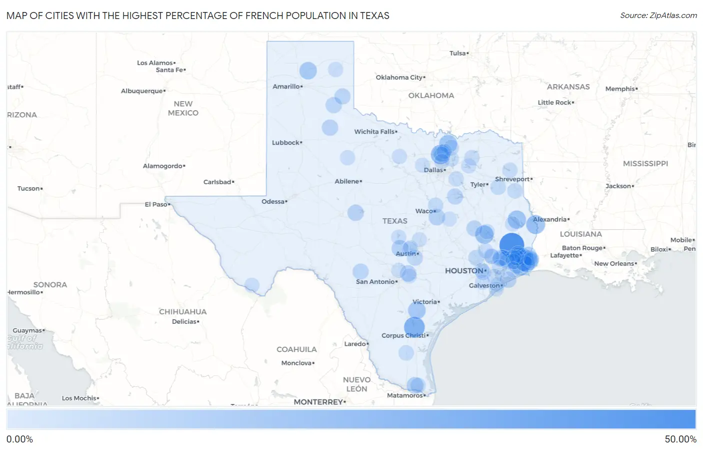 Cities with the Highest Percentage of French Population in Texas Map
