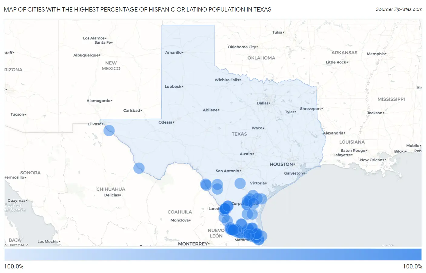 Cities with the Highest Percentage of Hispanic or Latino Population in Texas Map
