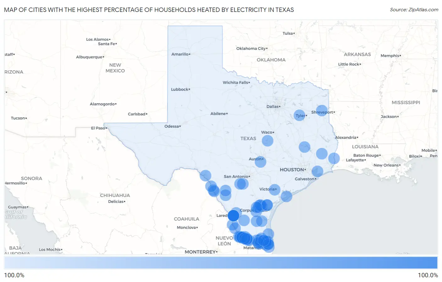 Cities with the Highest Percentage of Households Heated by Electricity in Texas Map