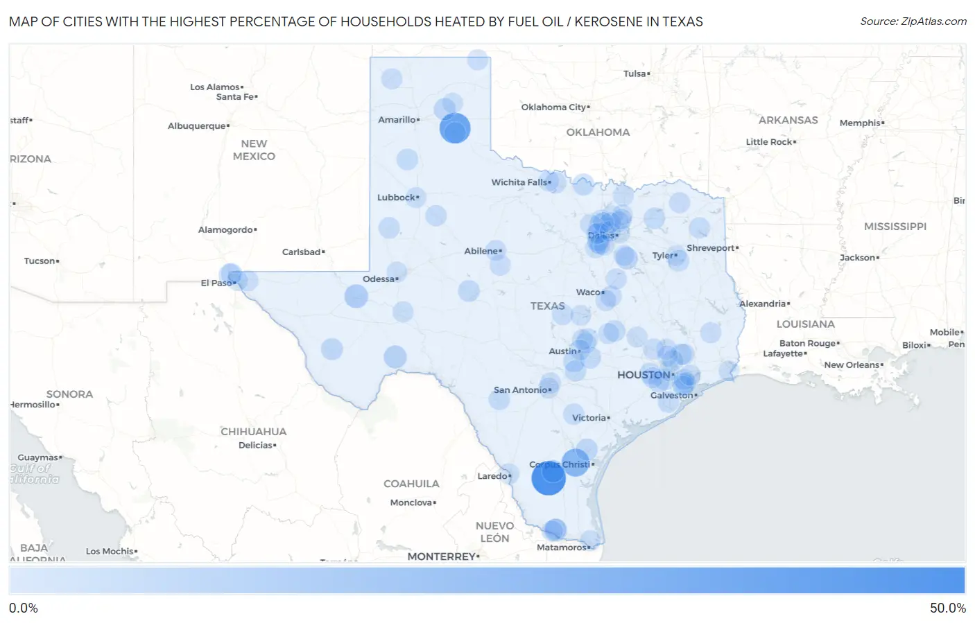 Cities with the Highest Percentage of Households Heated by Fuel Oil / Kerosene in Texas Map