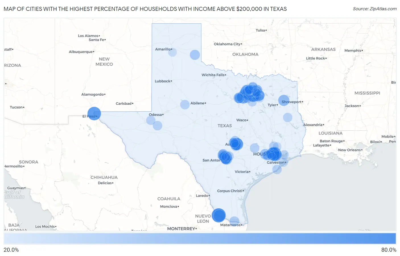 Cities with the Highest Percentage of Households with Income Above $200,000 in Texas Map