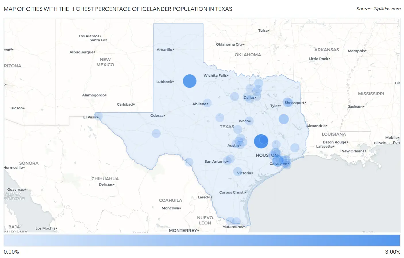 Cities with the Highest Percentage of Icelander Population in Texas Map