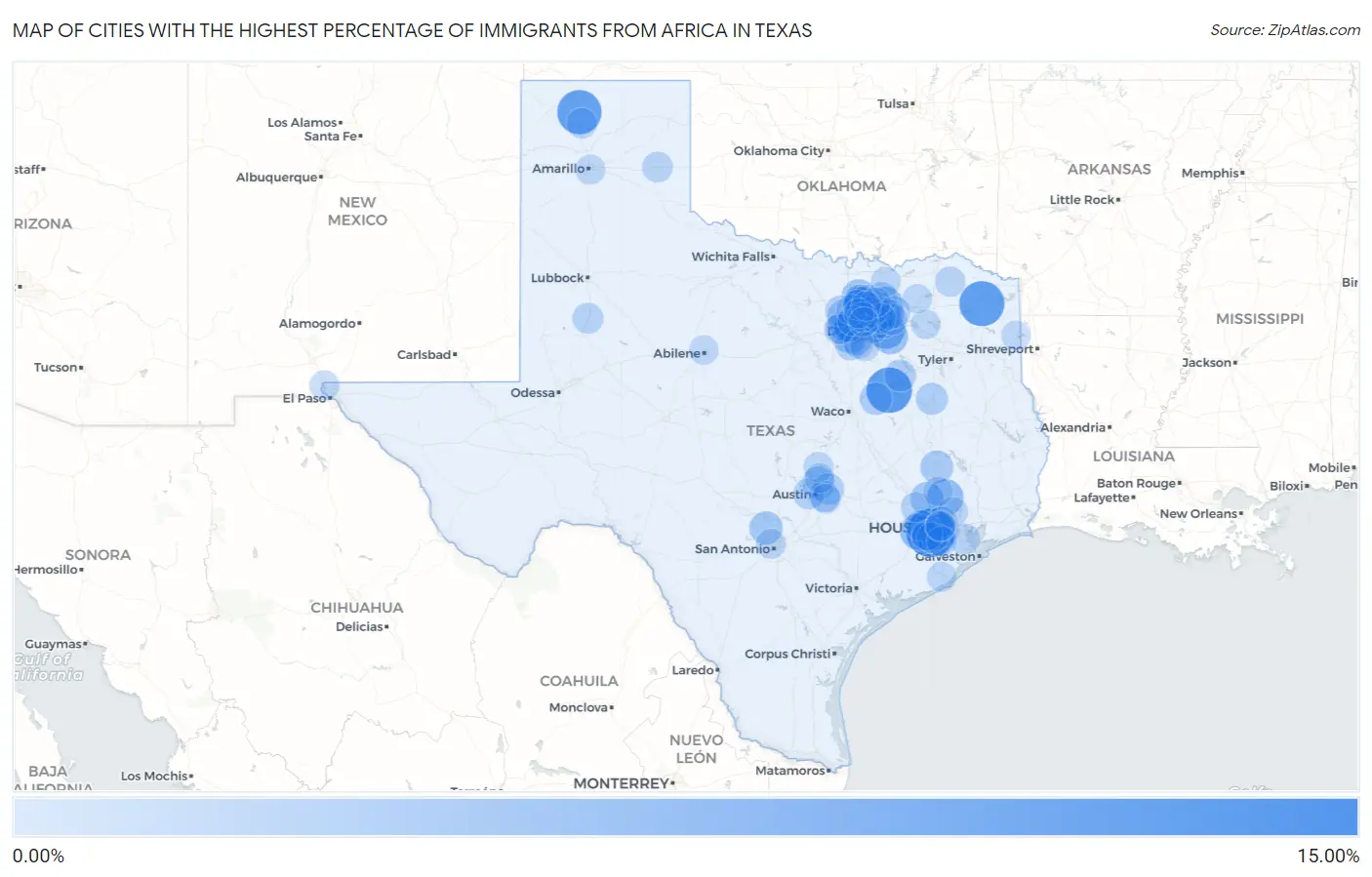 Cities with the Highest Percentage of Immigrants from Africa in Texas Map