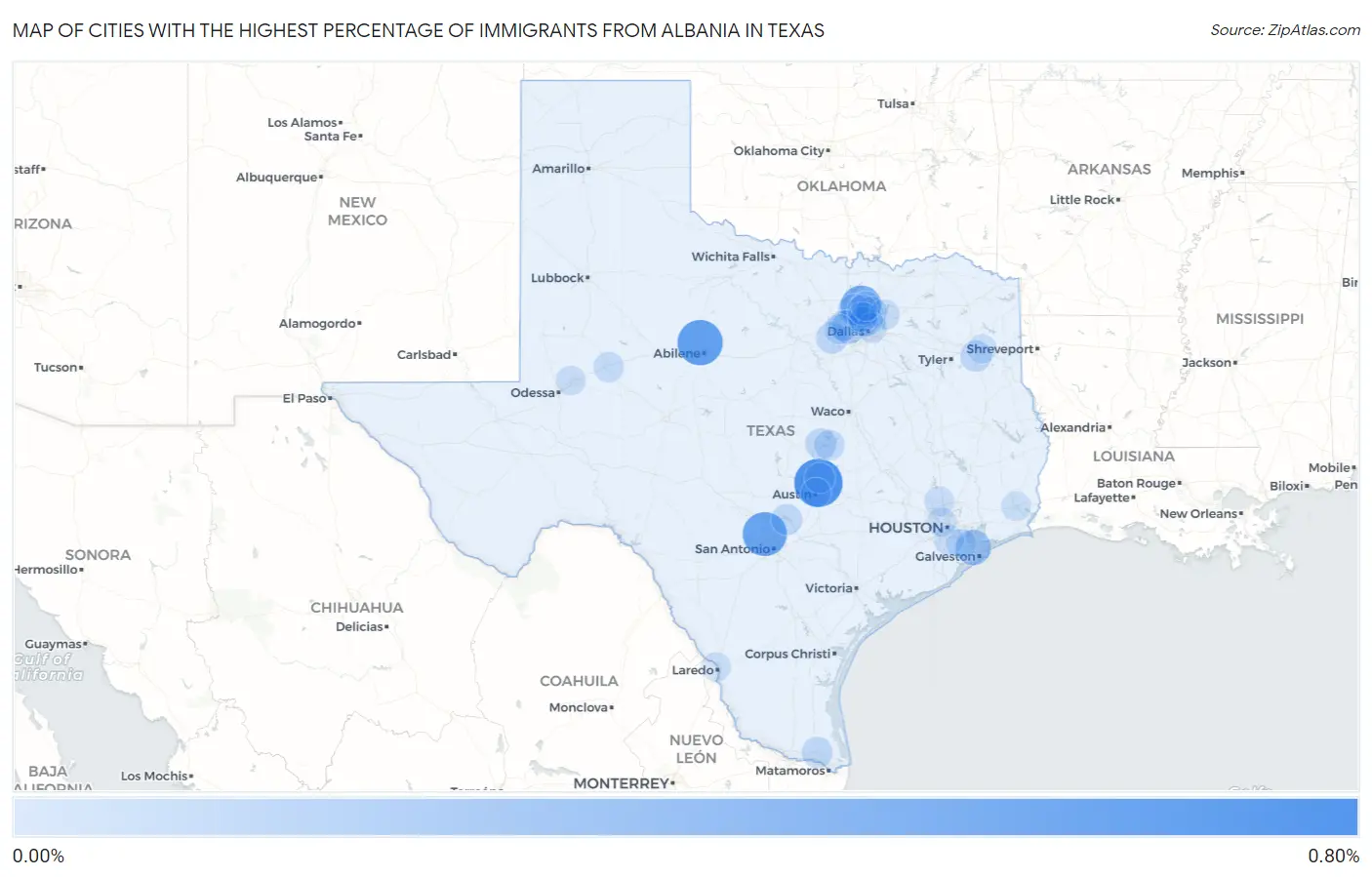 Cities with the Highest Percentage of Immigrants from Albania in Texas Map