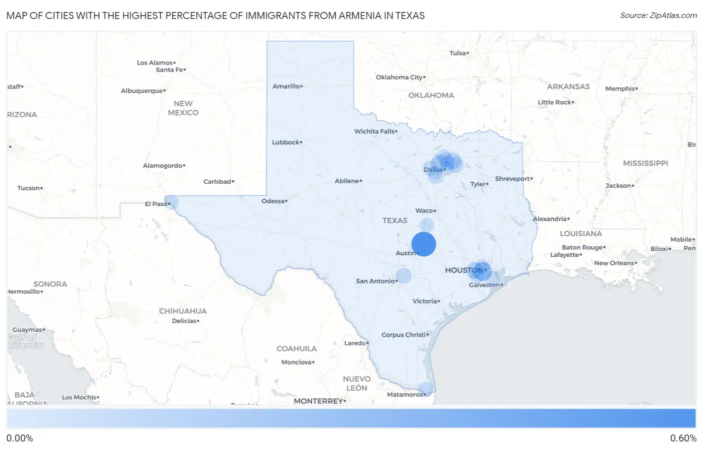 Cities with the Highest Percentage of Immigrants from Armenia in Texas Map