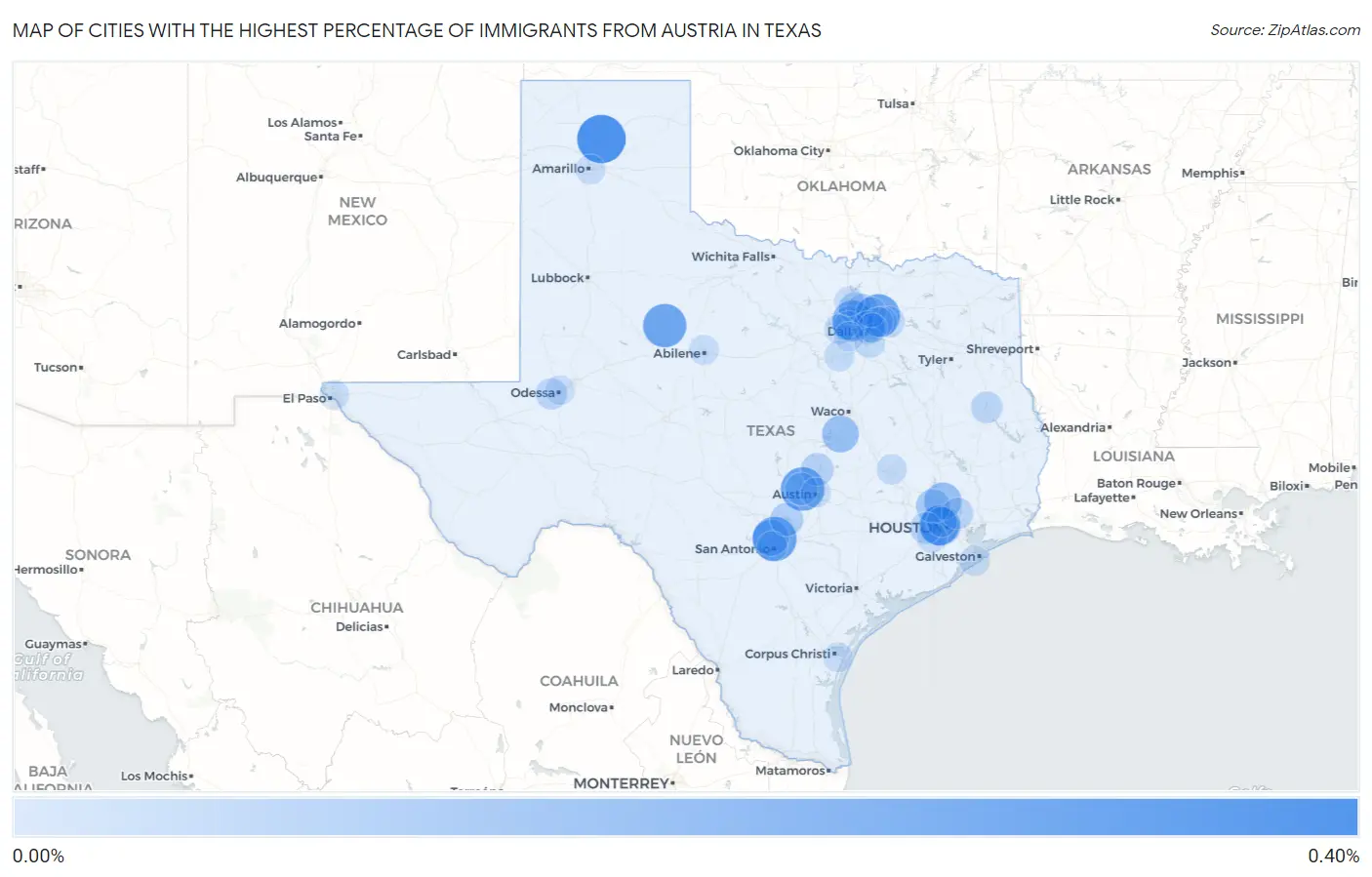 Cities with the Highest Percentage of Immigrants from Austria in Texas Map