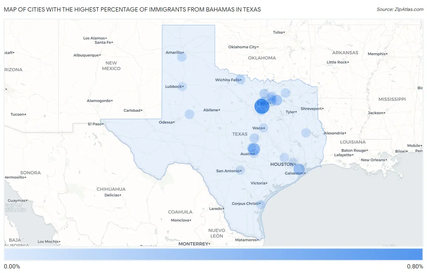 Cities with the Highest Percentage of Immigrants from Bahamas in Texas Map