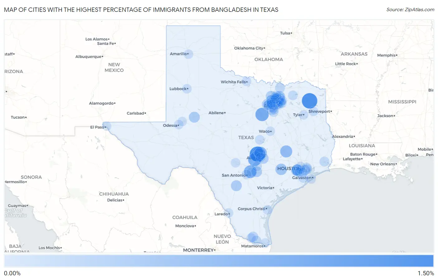 Cities with the Highest Percentage of Immigrants from Bangladesh in Texas Map