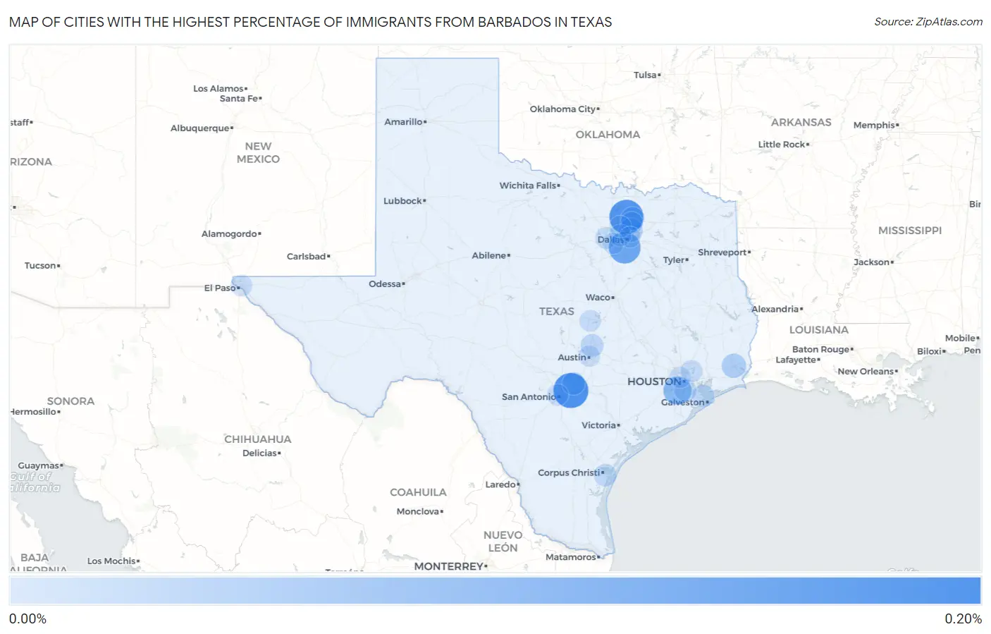 Cities with the Highest Percentage of Immigrants from Barbados in Texas Map