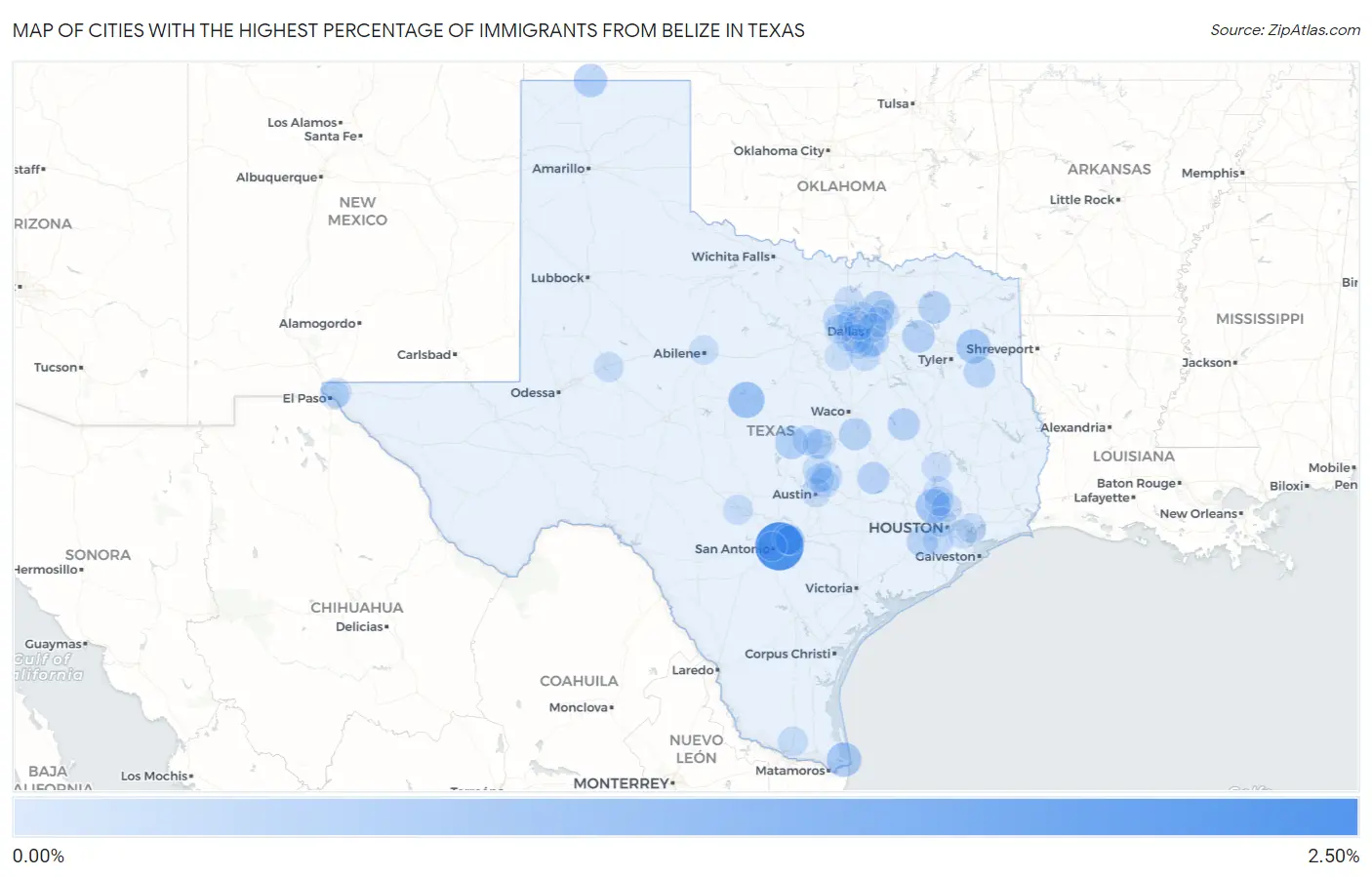 Cities with the Highest Percentage of Immigrants from Belize in Texas Map