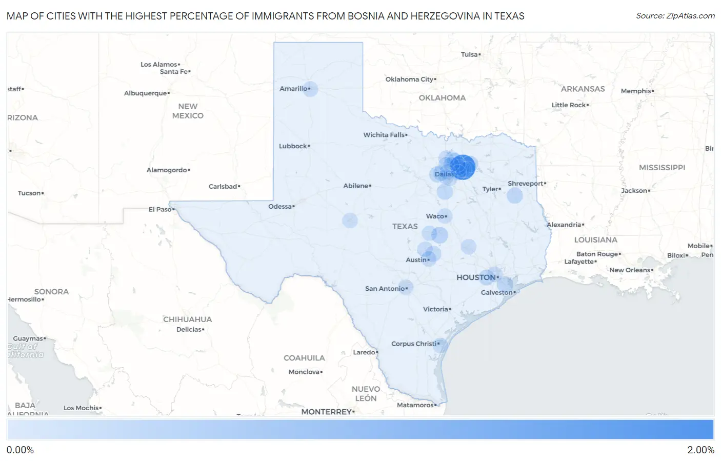 Cities with the Highest Percentage of Immigrants from Bosnia and Herzegovina in Texas Map