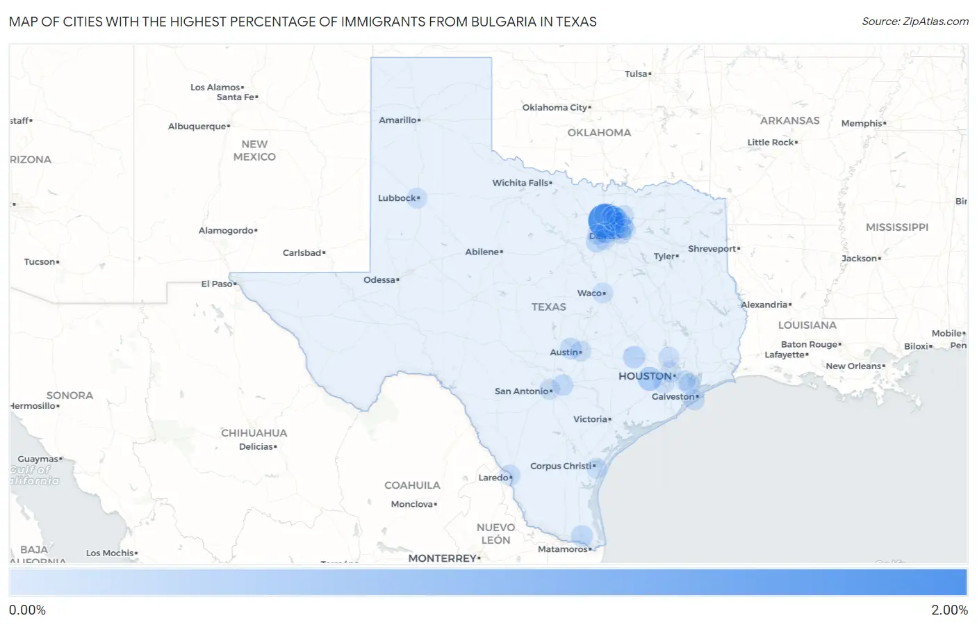 Cities with the Highest Percentage of Immigrants from Bulgaria in Texas Map