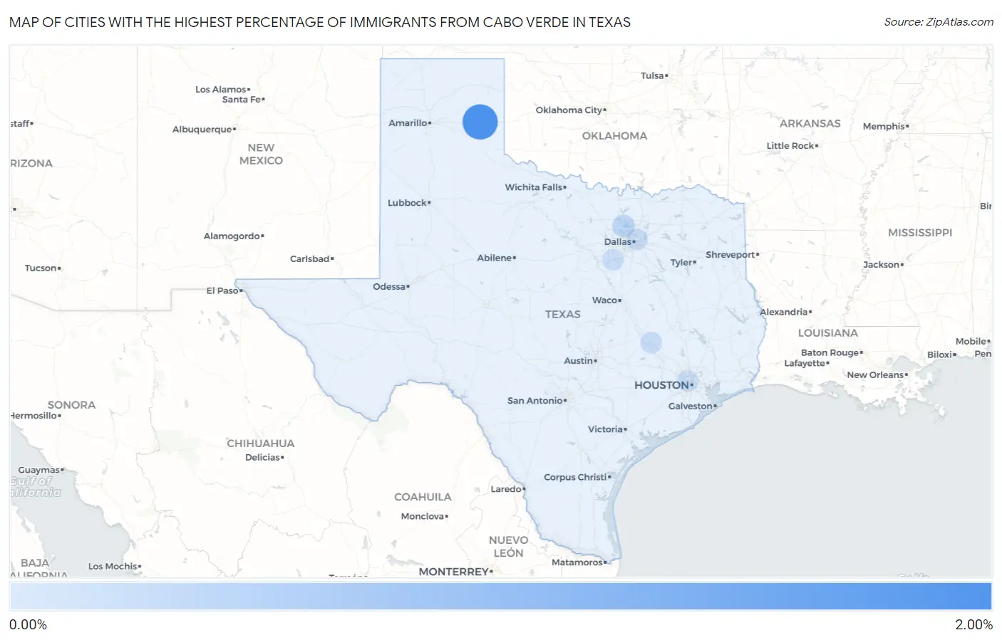 Cities with the Highest Percentage of Immigrants from Cabo Verde in Texas Map