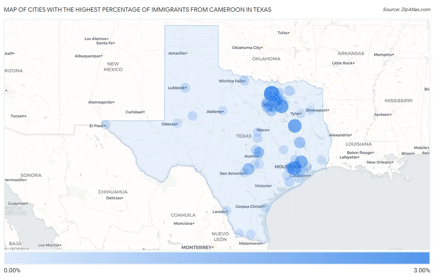 Cities with the Highest Percentage of Immigrants from Cameroon in Texas Map