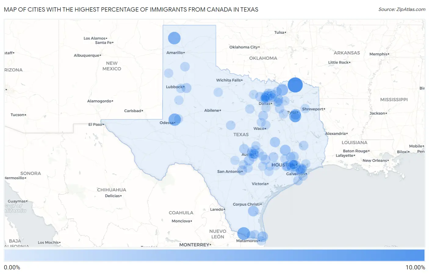 Cities with the Highest Percentage of Immigrants from Canada in Texas Map