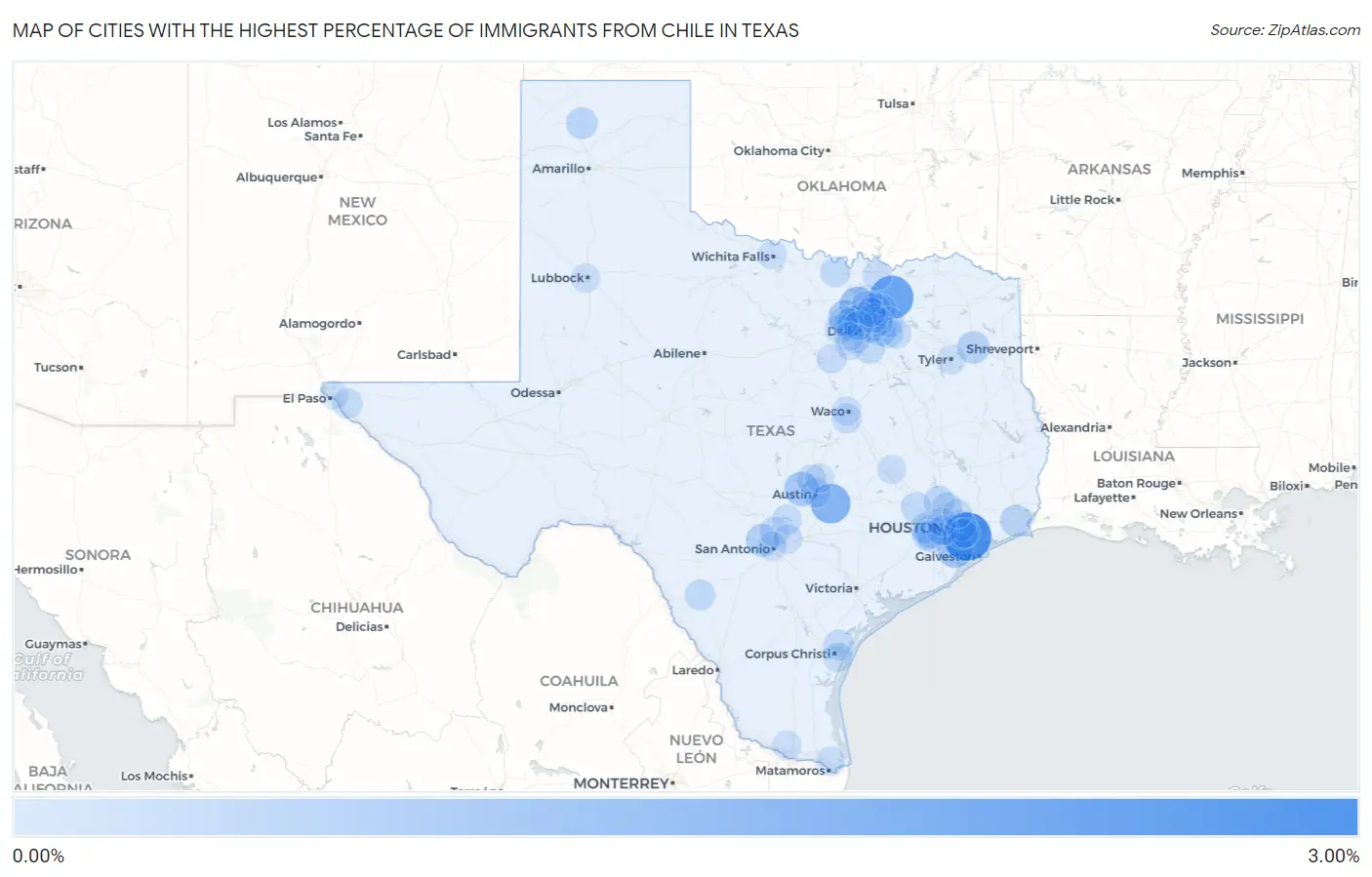 Cities with the Highest Percentage of Immigrants from Chile in Texas Map