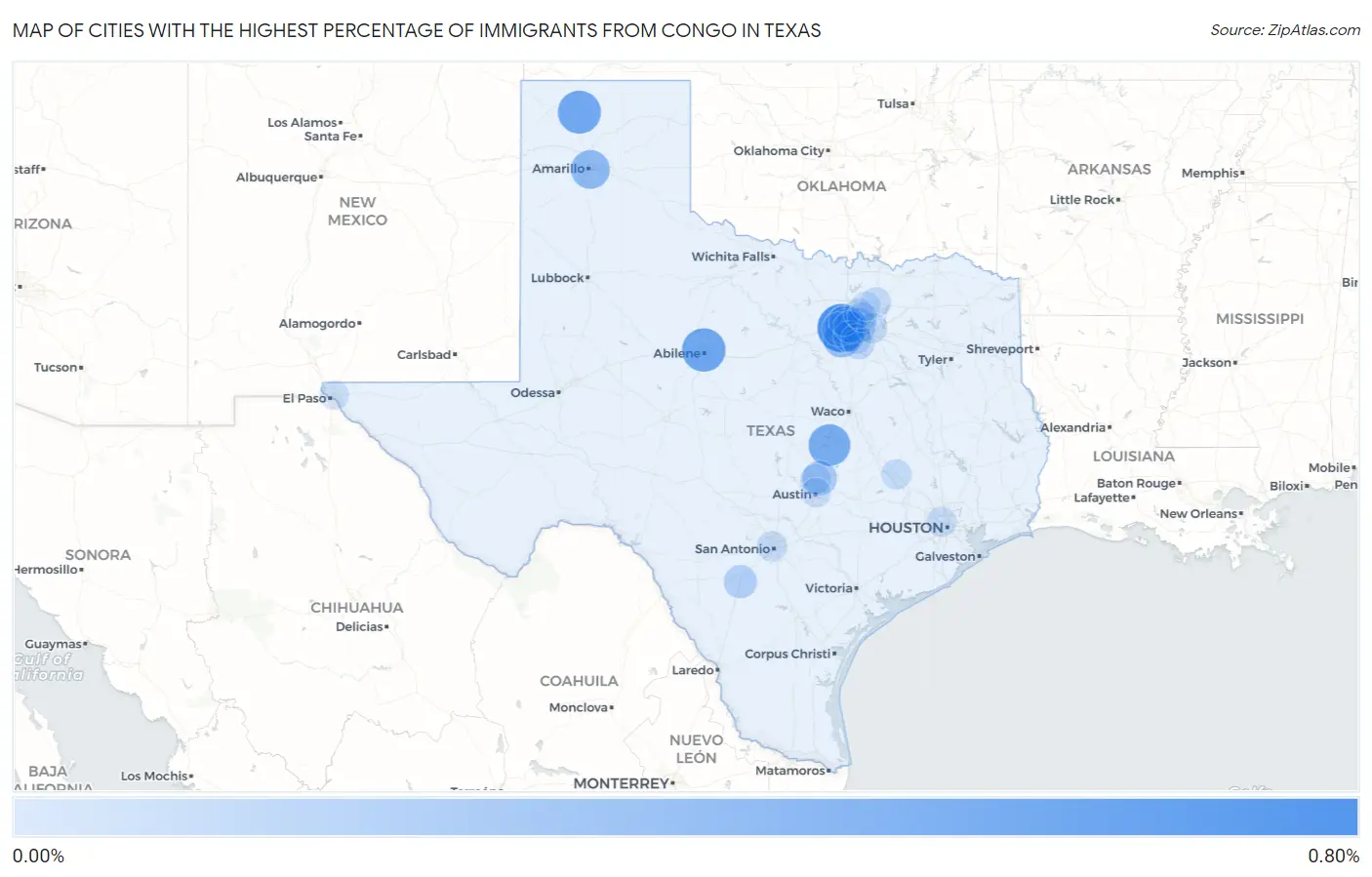 Cities with the Highest Percentage of Immigrants from Congo in Texas Map