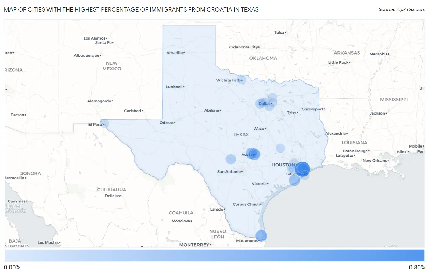 Cities with the Highest Percentage of Immigrants from Croatia in Texas Map
