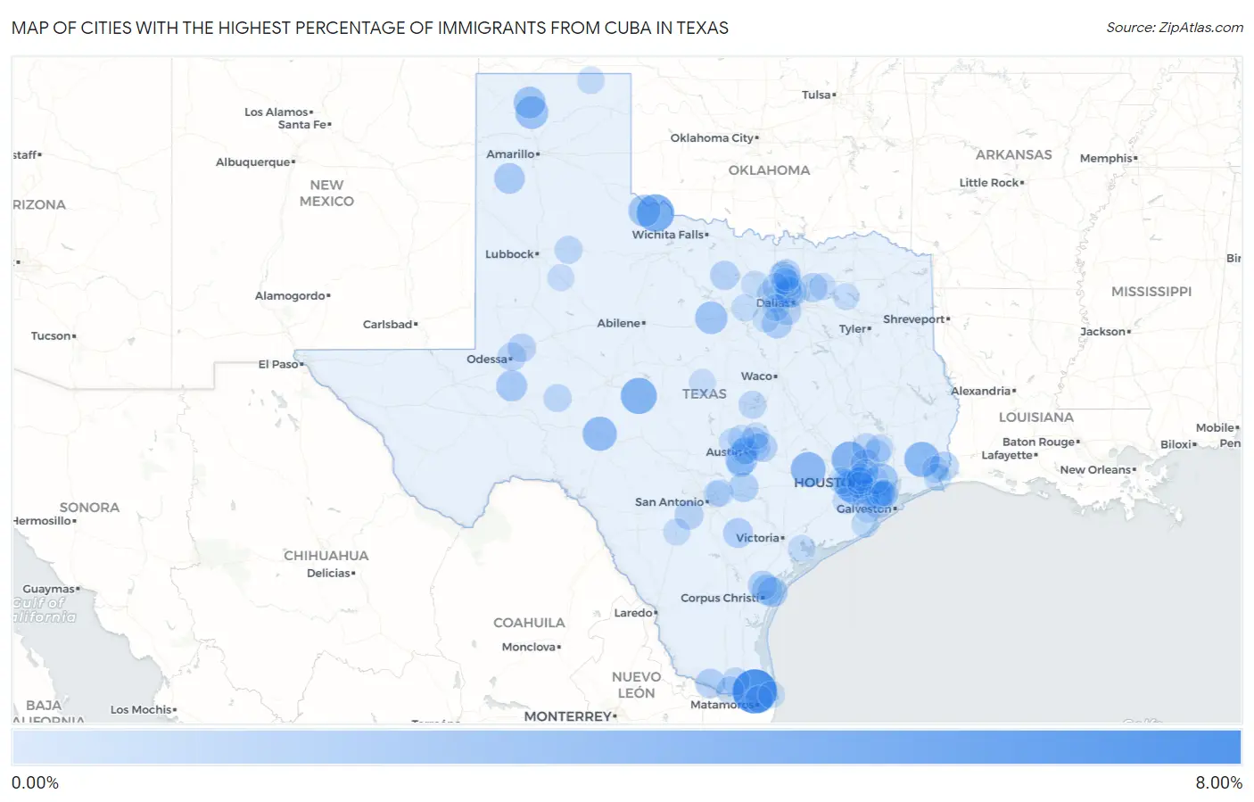 Cities with the Highest Percentage of Immigrants from Cuba in Texas Map