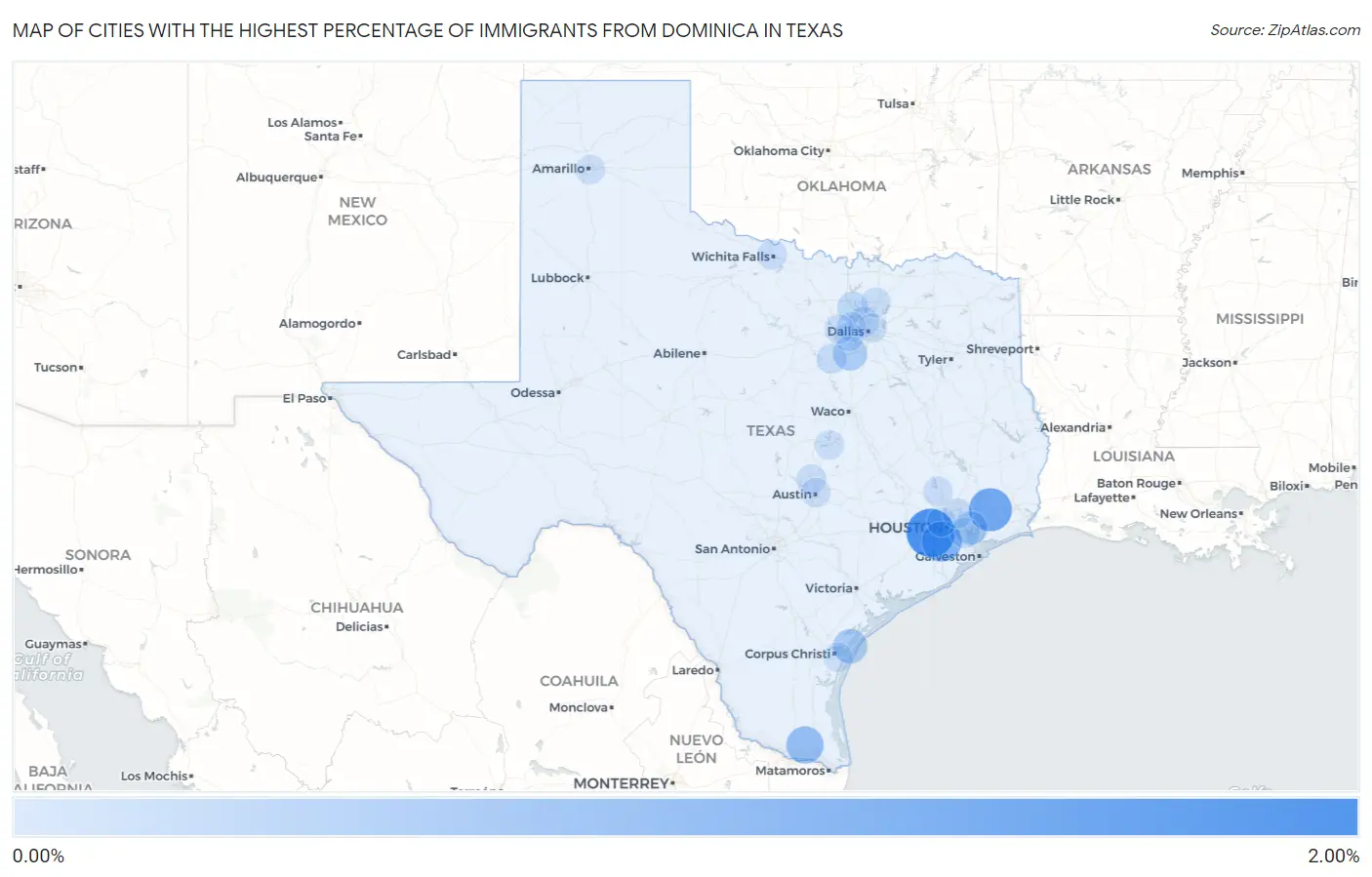 Cities with the Highest Percentage of Immigrants from Dominica in Texas Map