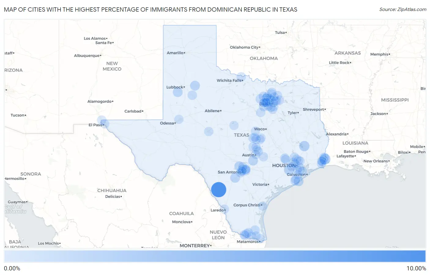 Cities with the Highest Percentage of Immigrants from Dominican Republic in Texas Map