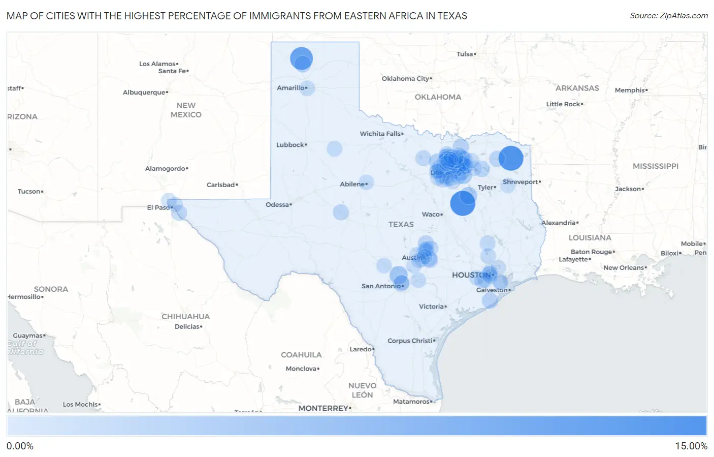 Cities with the Highest Percentage of Immigrants from Eastern Africa in Texas Map