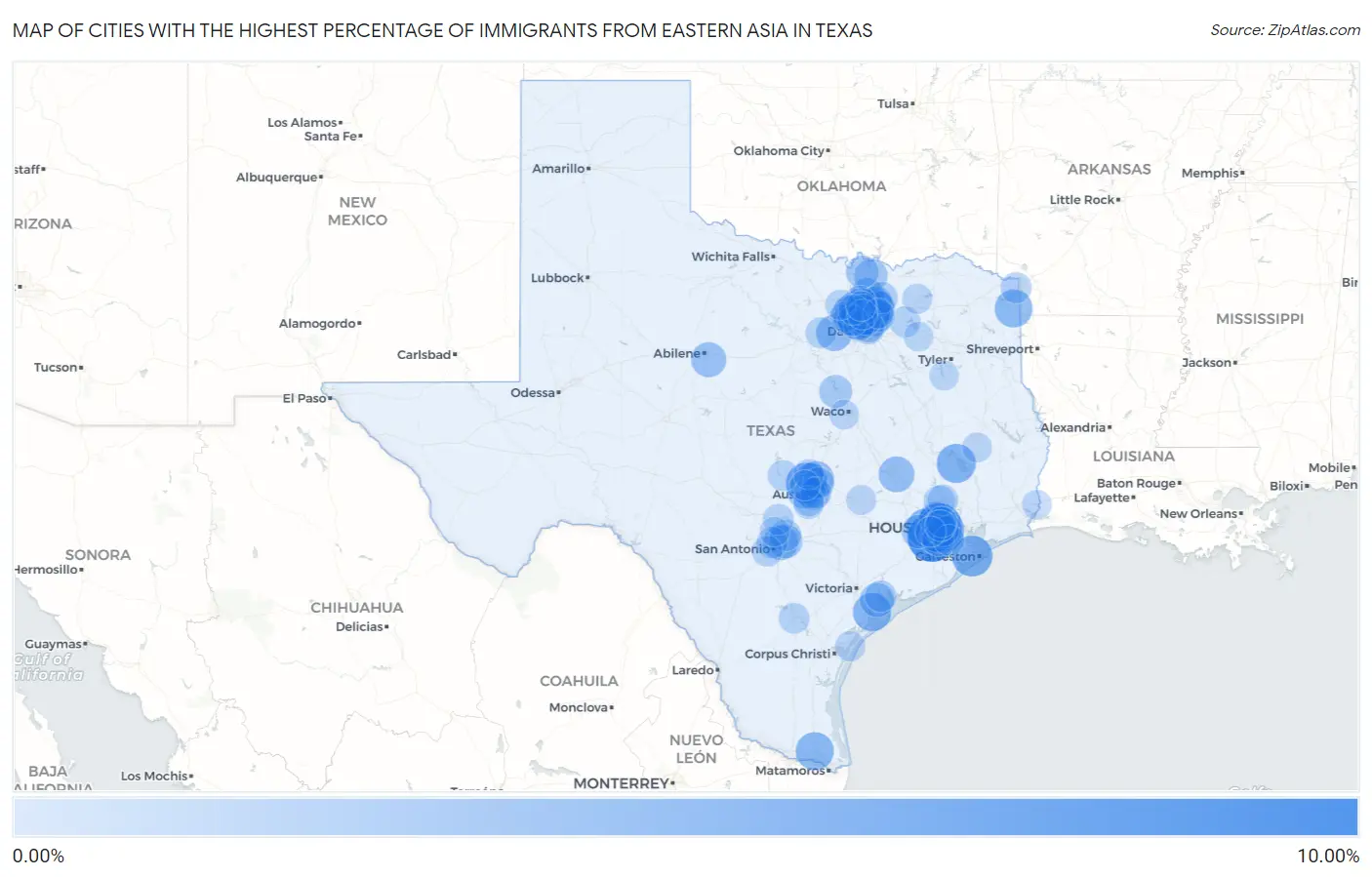 Cities with the Highest Percentage of Immigrants from Eastern Asia in Texas Map