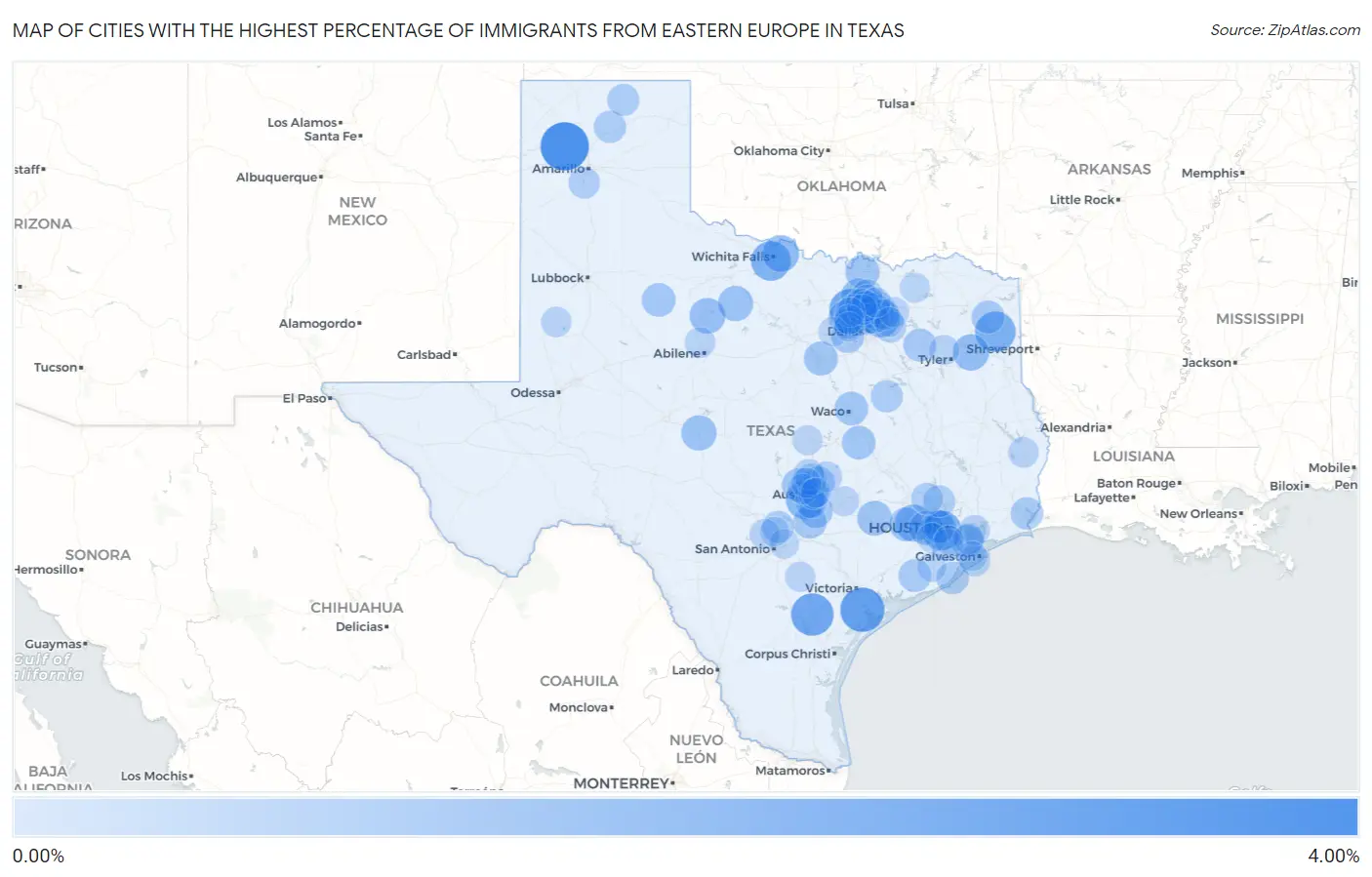 Cities with the Highest Percentage of Immigrants from Eastern Europe in Texas Map