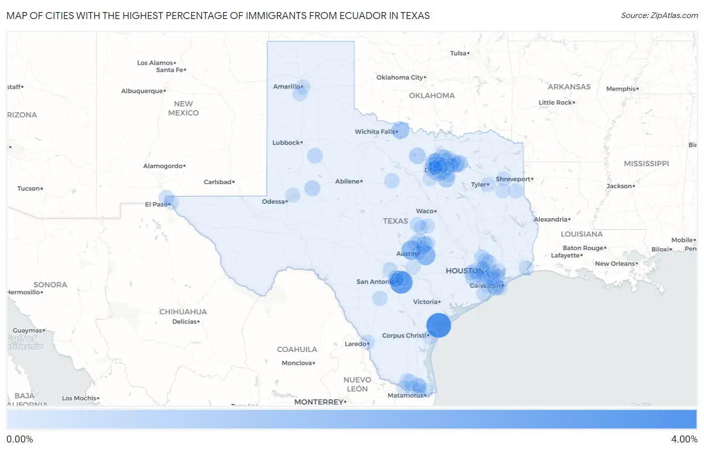 Cities with the Highest Percentage of Immigrants from Ecuador in Texas Map
