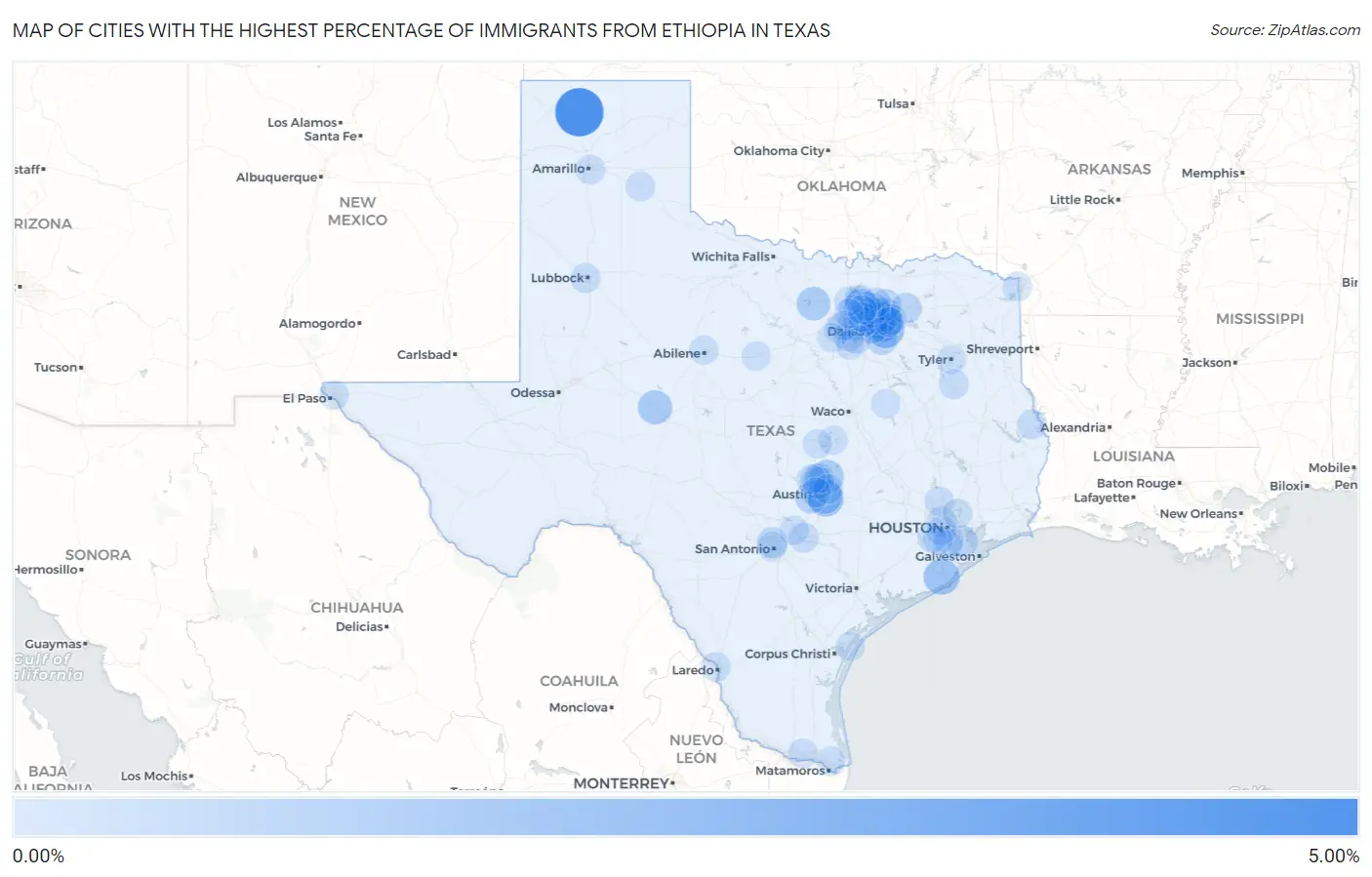 Cities with the Highest Percentage of Immigrants from Ethiopia in Texas Map