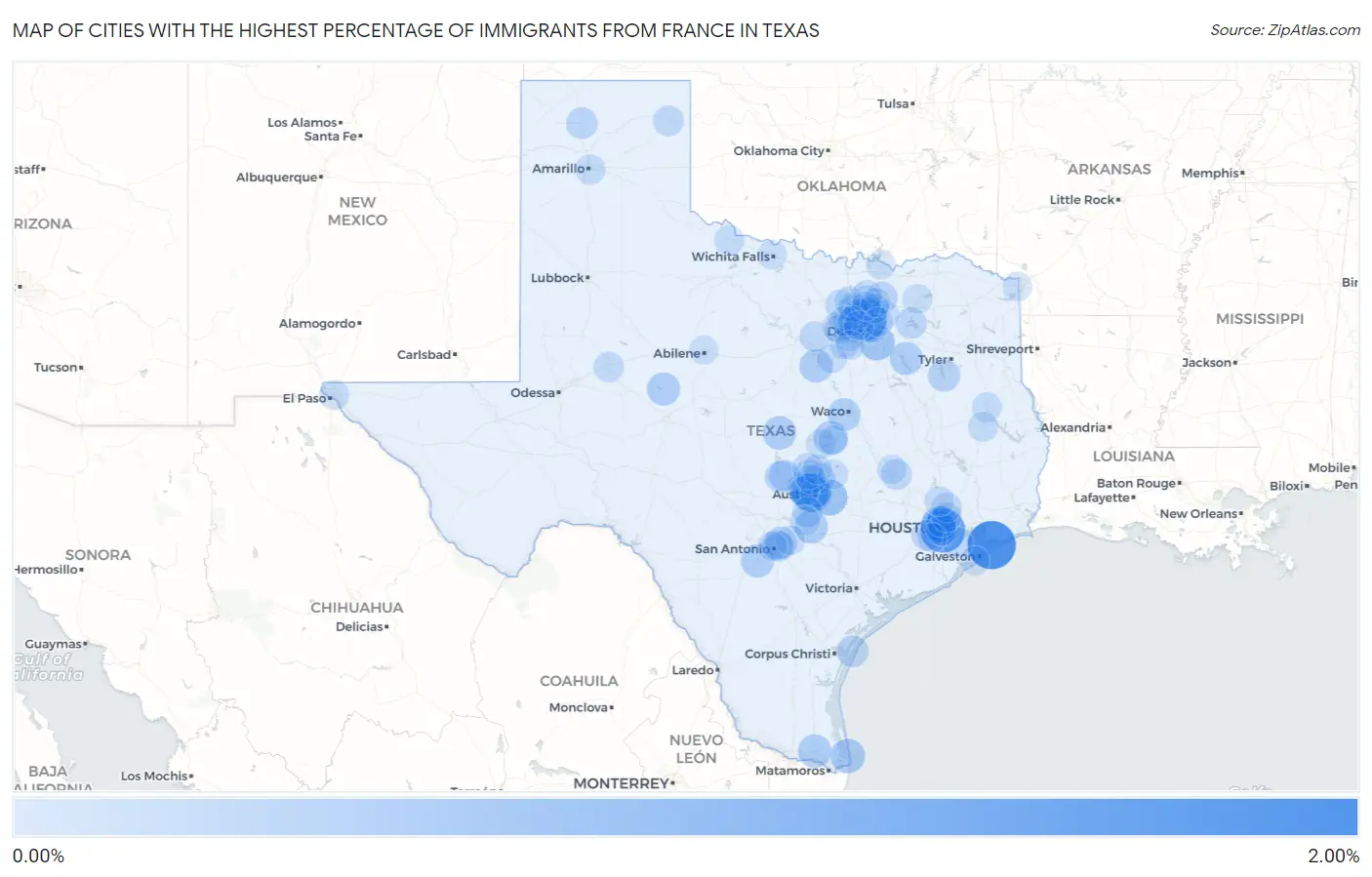 Cities with the Highest Percentage of Immigrants from France in Texas Map