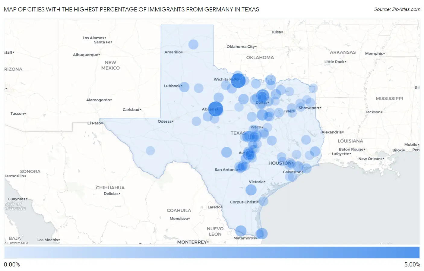 Cities with the Highest Percentage of Immigrants from Germany in Texas Map