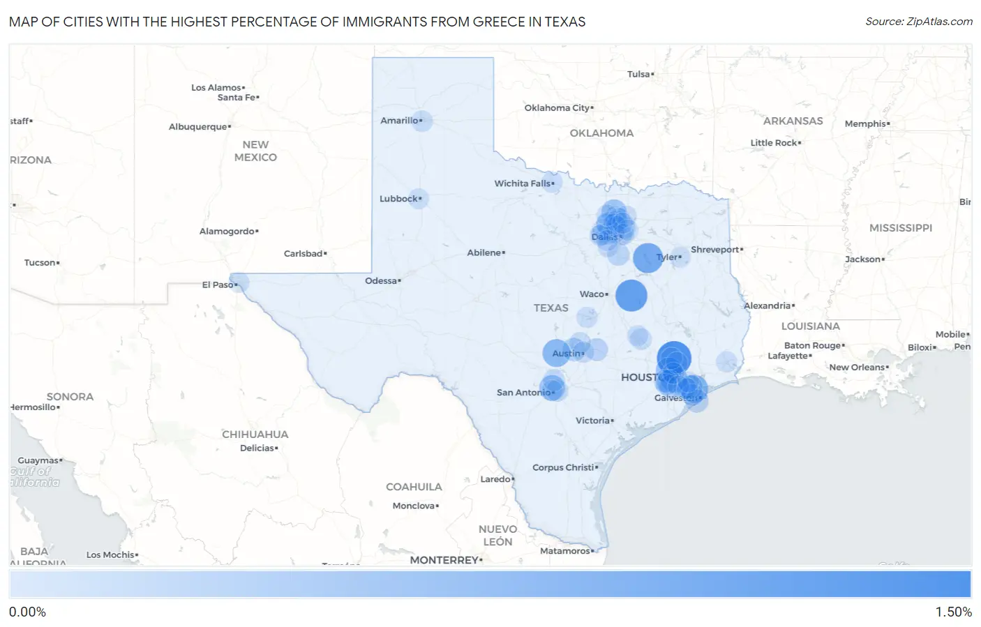 Cities with the Highest Percentage of Immigrants from Greece in Texas Map